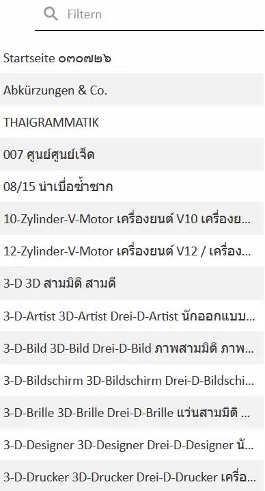 Index-Anzeige des deutsch-thai Wörterbuchs dt-dict