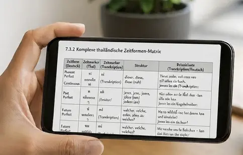 Smartphone-Display zeigt eine Anwendungsbeispiel-Tabelle aus der THAIGRAMMATIK